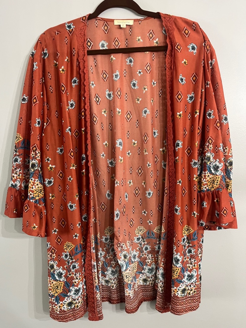 loralette Rust Floral & Diamond Print Open Cardigan